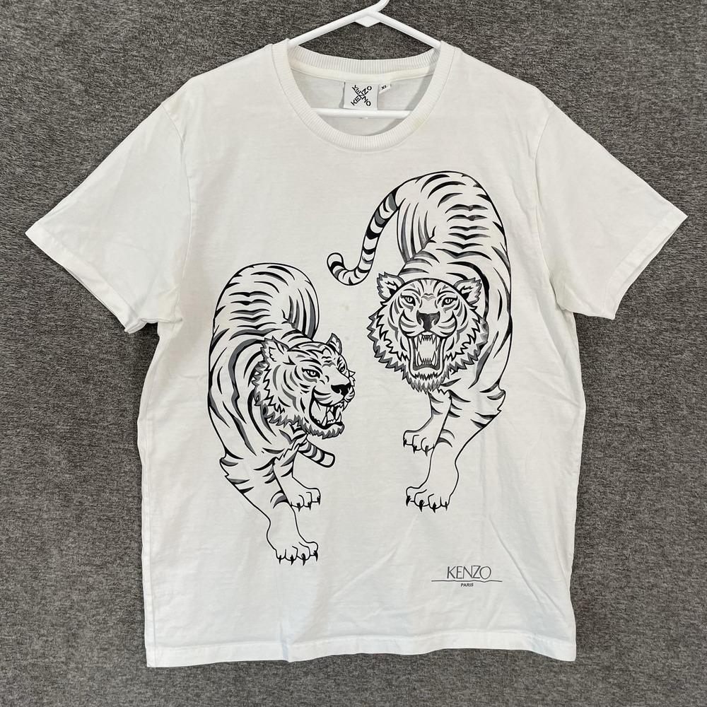 Kenzo Shirt Mens XL White Twin Tiger Graphic T-Shirt Tee Portugal Designer